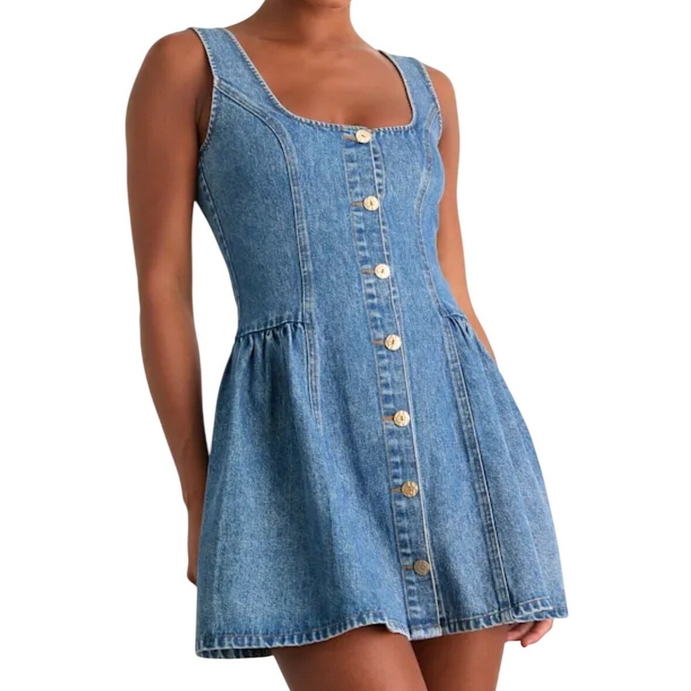 NWT Lulus Prinsley Medium Wash Denim Button-Front Mini Dress S Western Jean